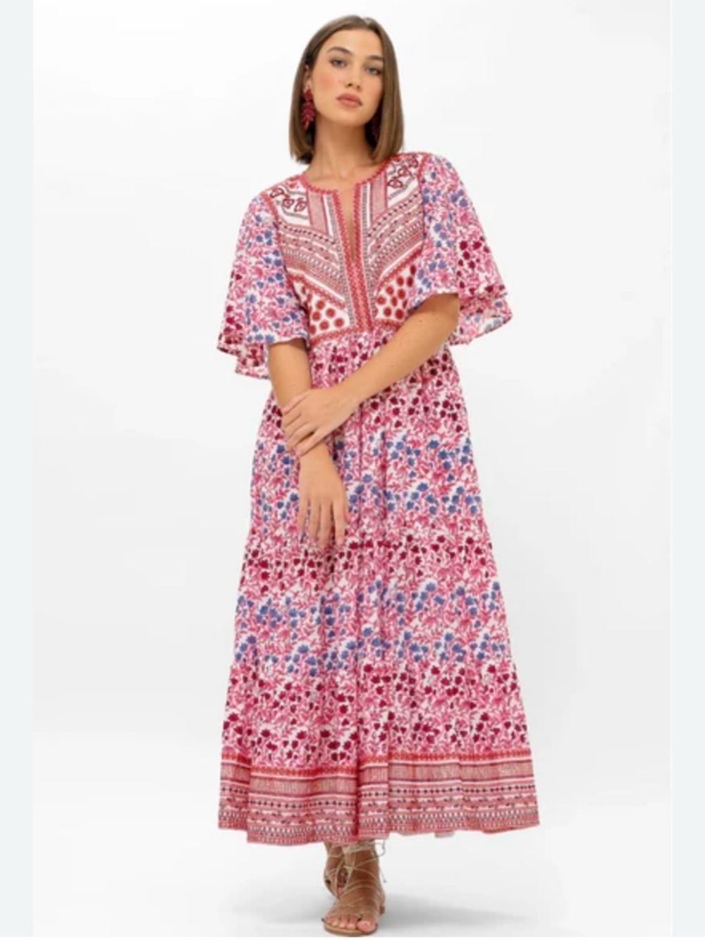Oliphant Mendoza Flirty V-Neck Maxi Dress Coral Floral Medium 100% Cotton - Picture 1 of 7